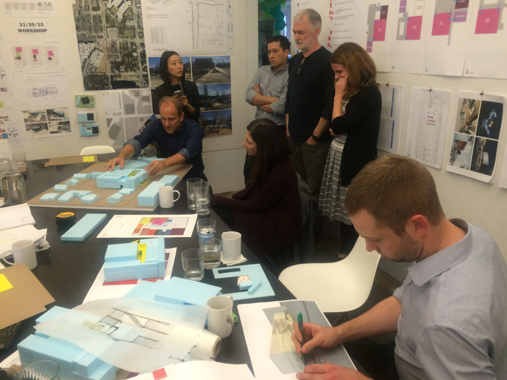 TheatreSquared's Executive Director Martin Miller and Artistic Director Robert Ford, Jonathan Marvel and the project team attend a design meeting.