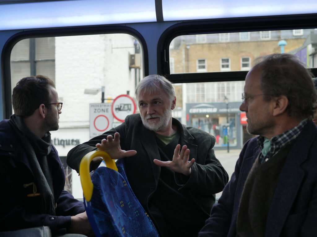 Charcoalblue's Clemeth Abercrombie, TheatreSquared's Artistic Director Robert Ford, and Marvel Architect's Jonathan Marvel travel through London by bus visiting different theatres.