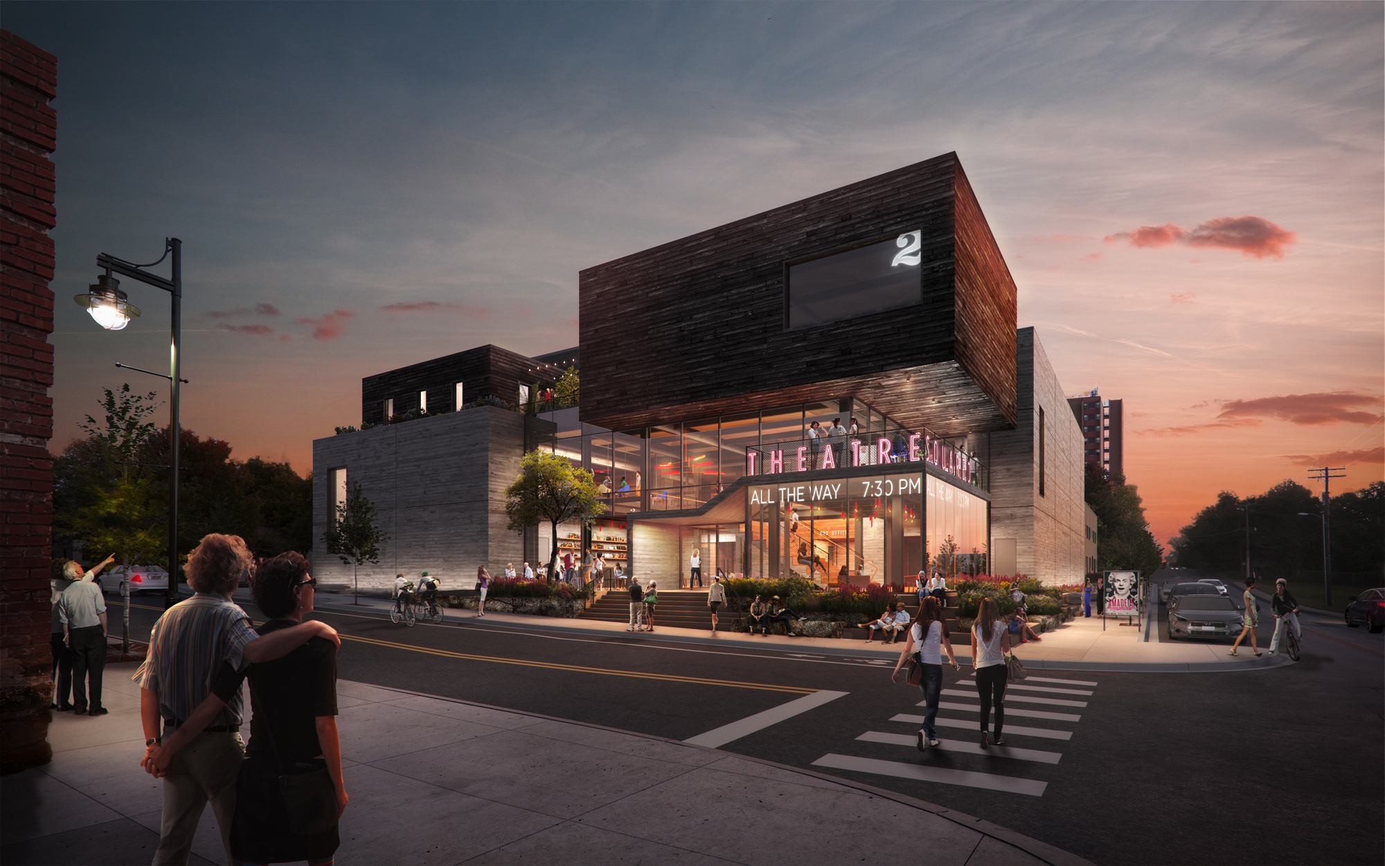 Exterior rendering of the boxy TheatreSquared building at sunset.