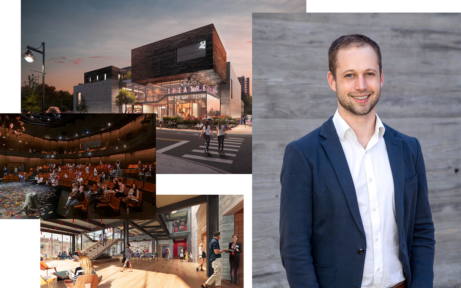 A collage of renders of the interior and exterior of TheatreSquared and a photo of Martin Miller smiling.