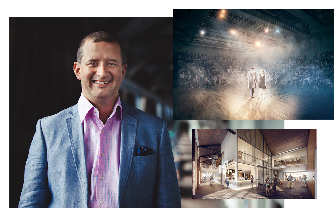 Photo of Jono Perry alongside renders of the interior of Sydney Theatre Company's Wharf.