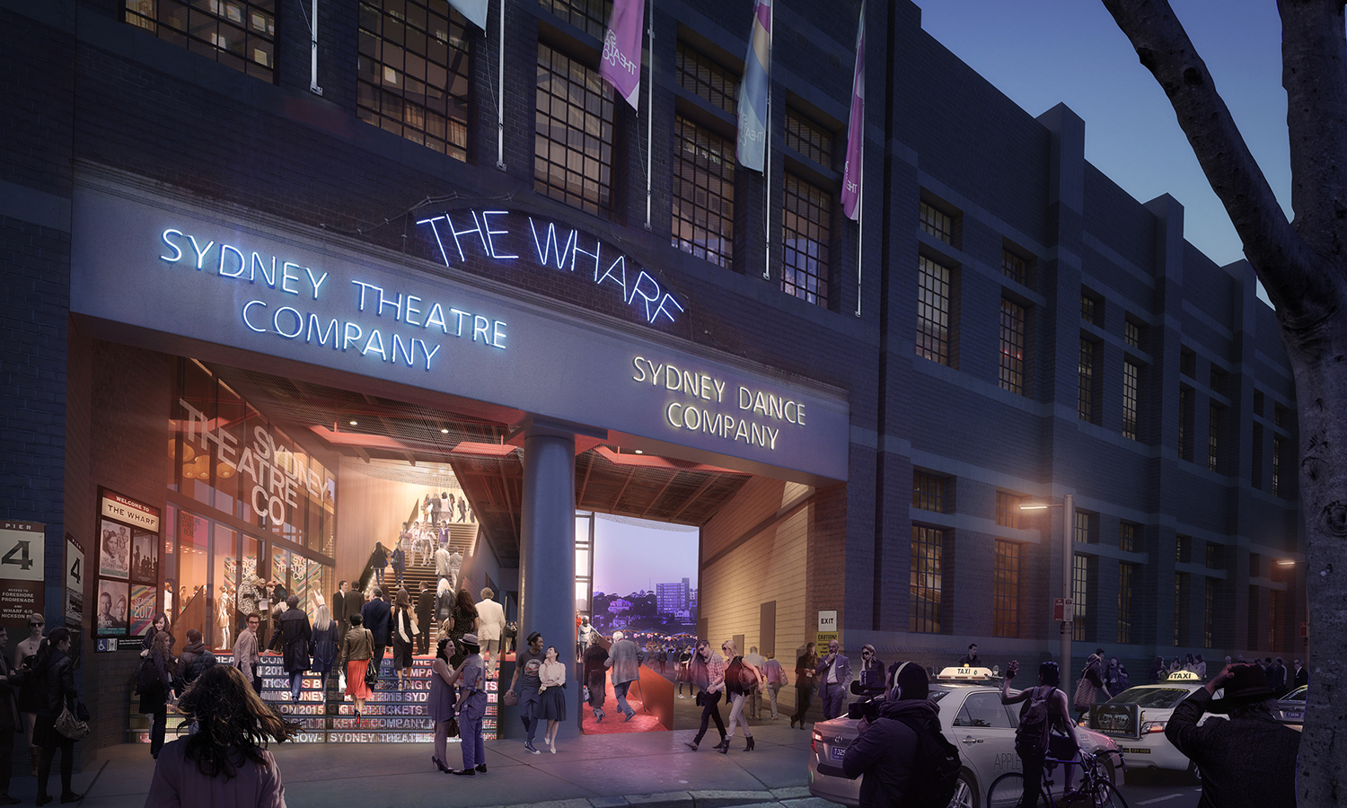A render of a a street at night. Neon signs read The Wharf, Sydney Theatre Company, Sydney Dance Company. Visitors line several sets of exterior stairs in the entryway.