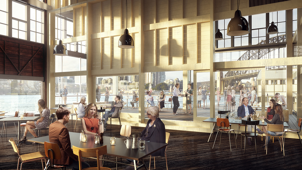 A render of people sitting at tables in a sunlit high-ceilinged room on the wharf.