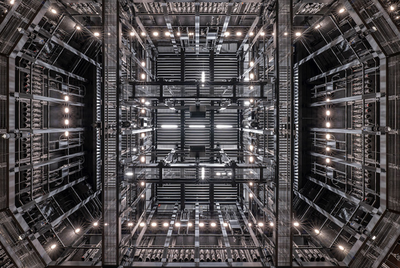 View of the catwalk and ceiling above the theatre in the round at Steppenwolf Theatre Company.