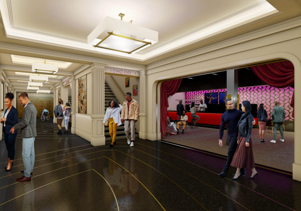 Render of the first floor of the Apollo shows the colorful new lobby and reflective terrazzo floor.