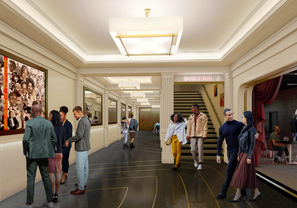 Render of the first floor of the Apollo shows the walk to the Orchestra Level lined with mirrors and murals.