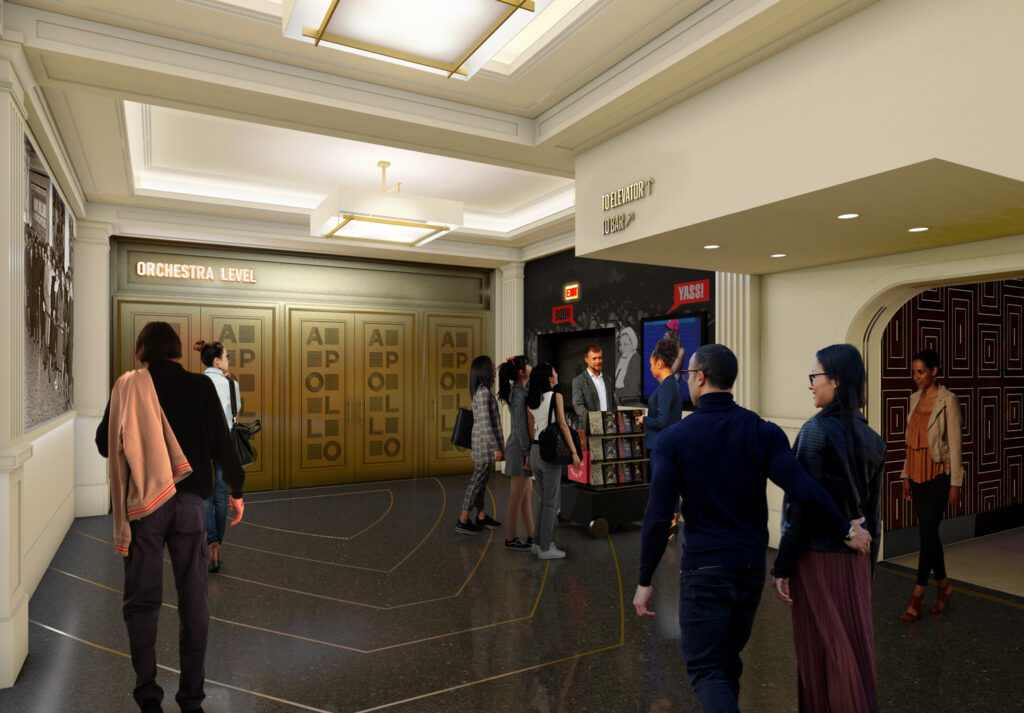 A render of the bronze relief Orchestra Level doors at the Apollo. A merchandise station appears to the right of the doors.