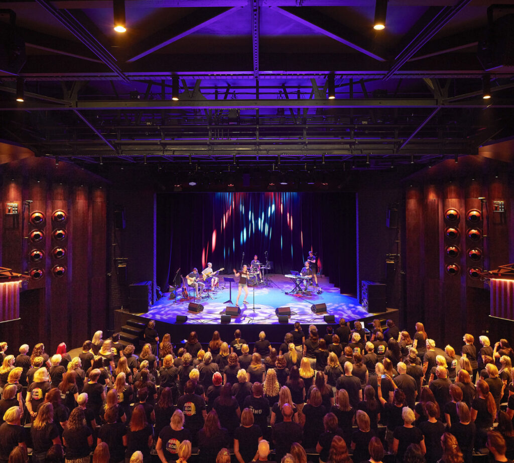 Musicians play on stage to a standing audience.