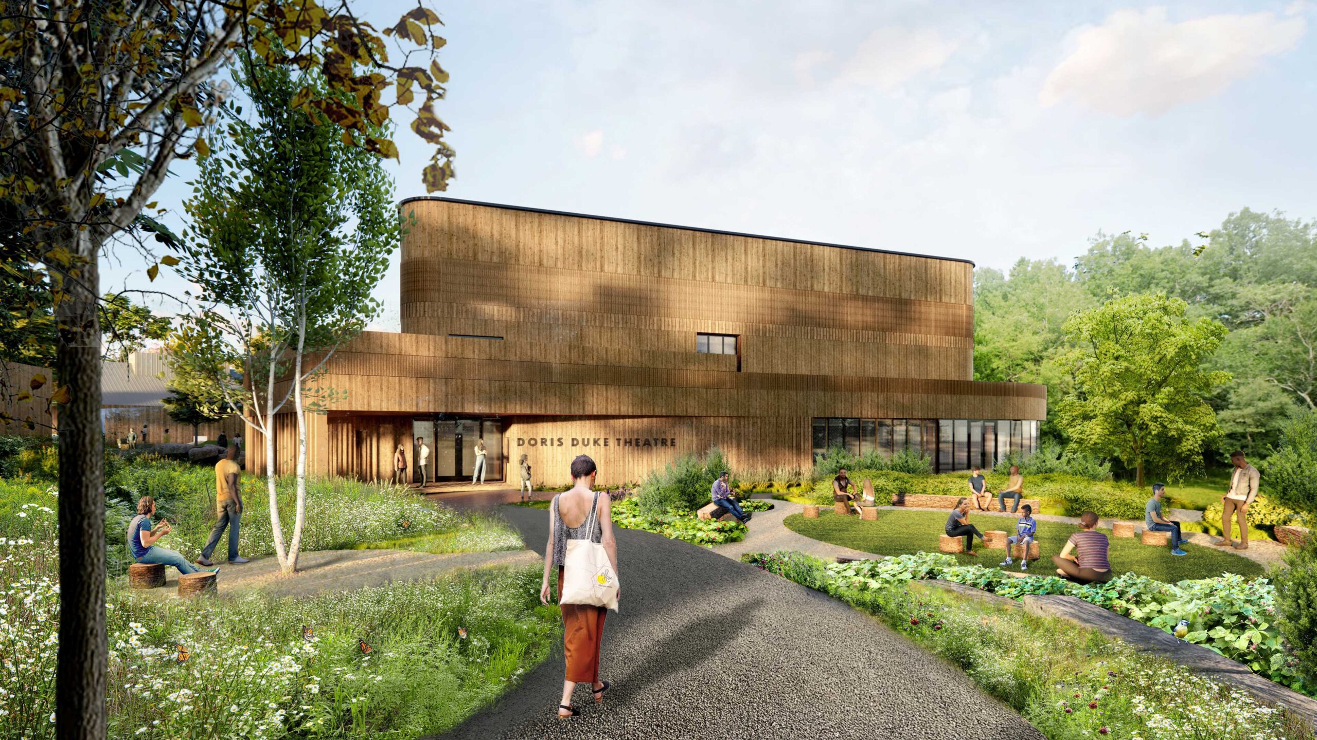 Rendering shows people congregating in grassy areas in front of the wood-textured building entrance.