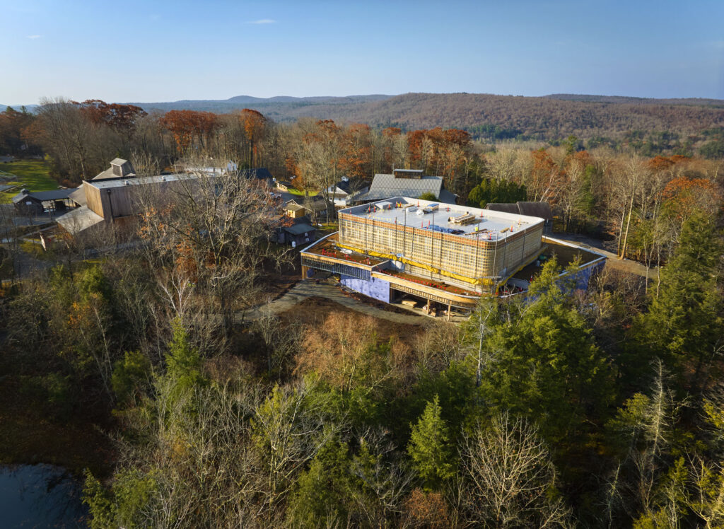 The two levels of the Doris Duke Theatre are visible through the trees as it is under construction.