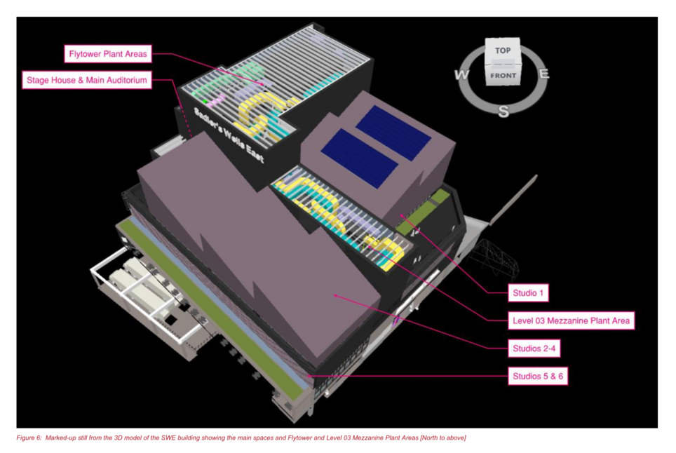 A rough digital model showing the regions of Sadlers Wells East.