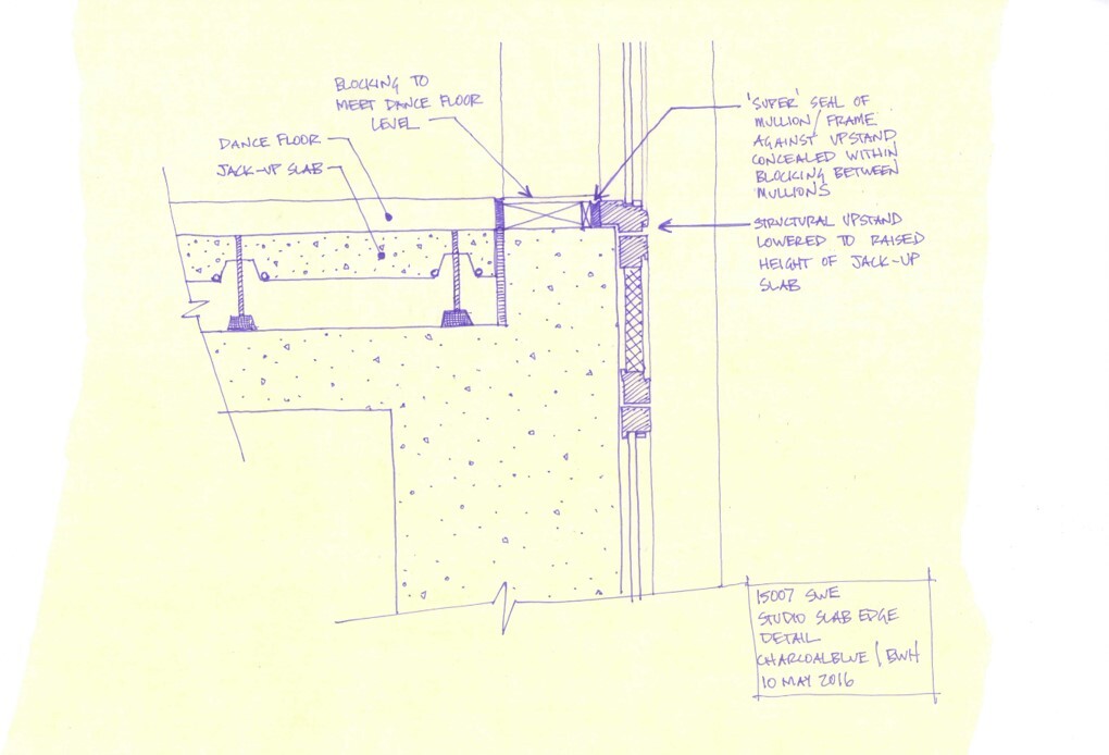 A pen sketch showing technology for jacking up the dance floor slab.