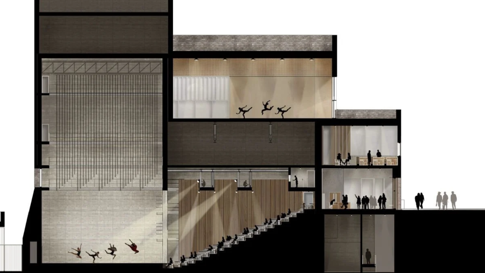A cross section of the theatre showing dance studios, flytower, and theatre.