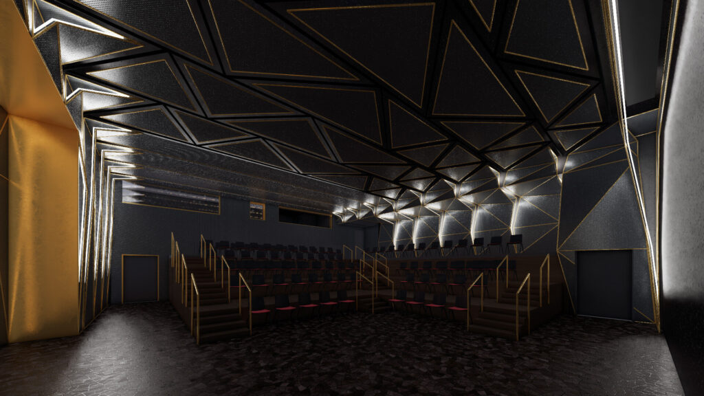 Intimate venue with raised seating and silver and gold acoustic details.