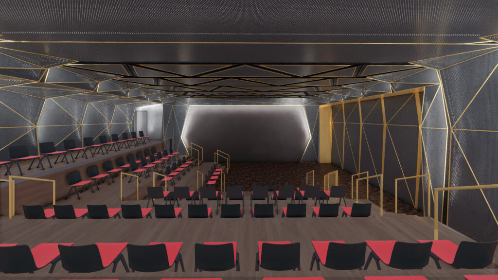 A render of a seating area. The geometric walls are silver with gold trim.