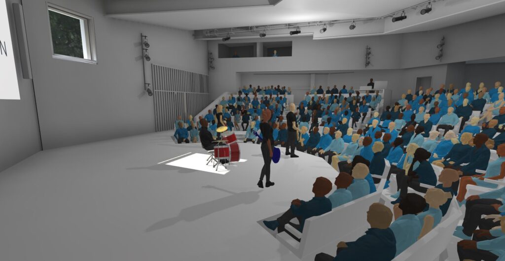 Early render with performers on stage and audience in half-circle arrangement.
