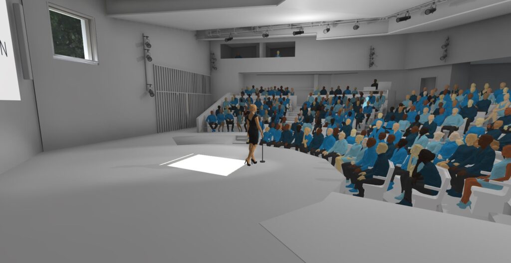 Early render of performer, with stage extended and smaller seating area.