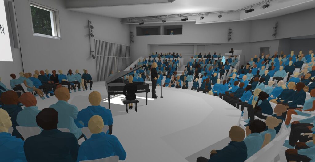 Early render of performers surrounded by audience in circular seating arrangement.