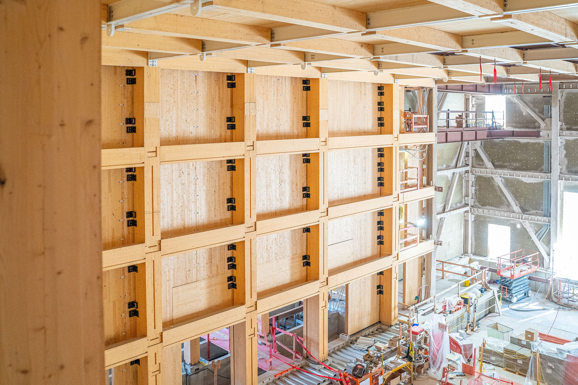 Timber wall under constructions at American Repertory Theater