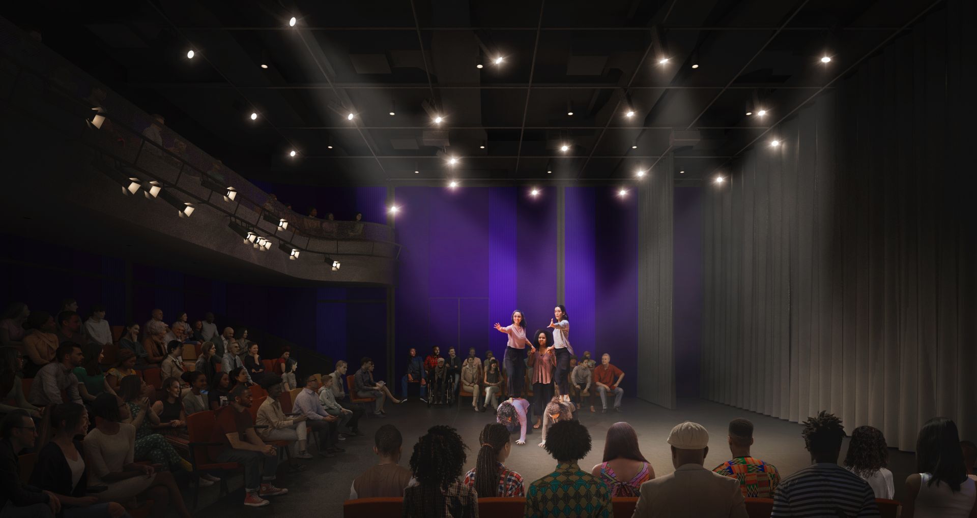 Performers reach out toward an audience in an intimate venue.