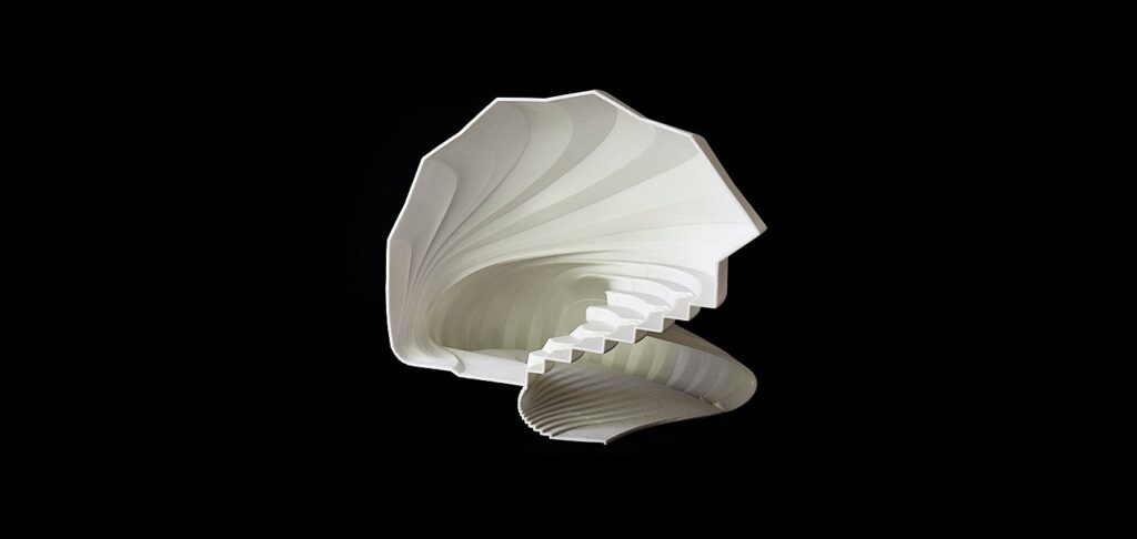 A model with a shell-like interior with stairs.