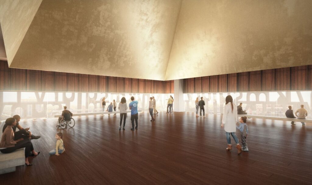 Render showing visitors in a room with high ceiling, looking out through monumental letterforms on the facade of the Obama Presidential Centre.