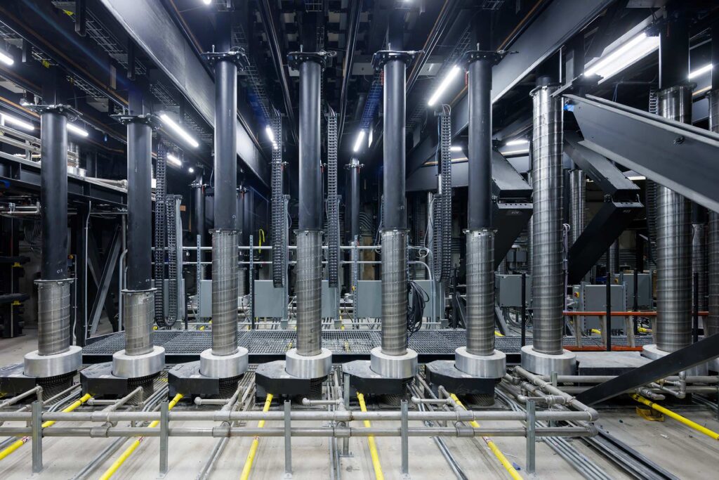 A view of the mechanical equipment that lifts the seating.