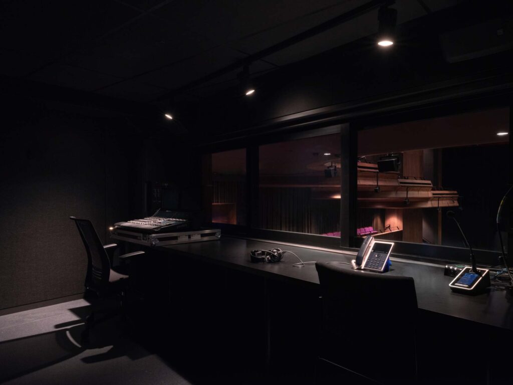 Looking out at the performance area from the AV room.