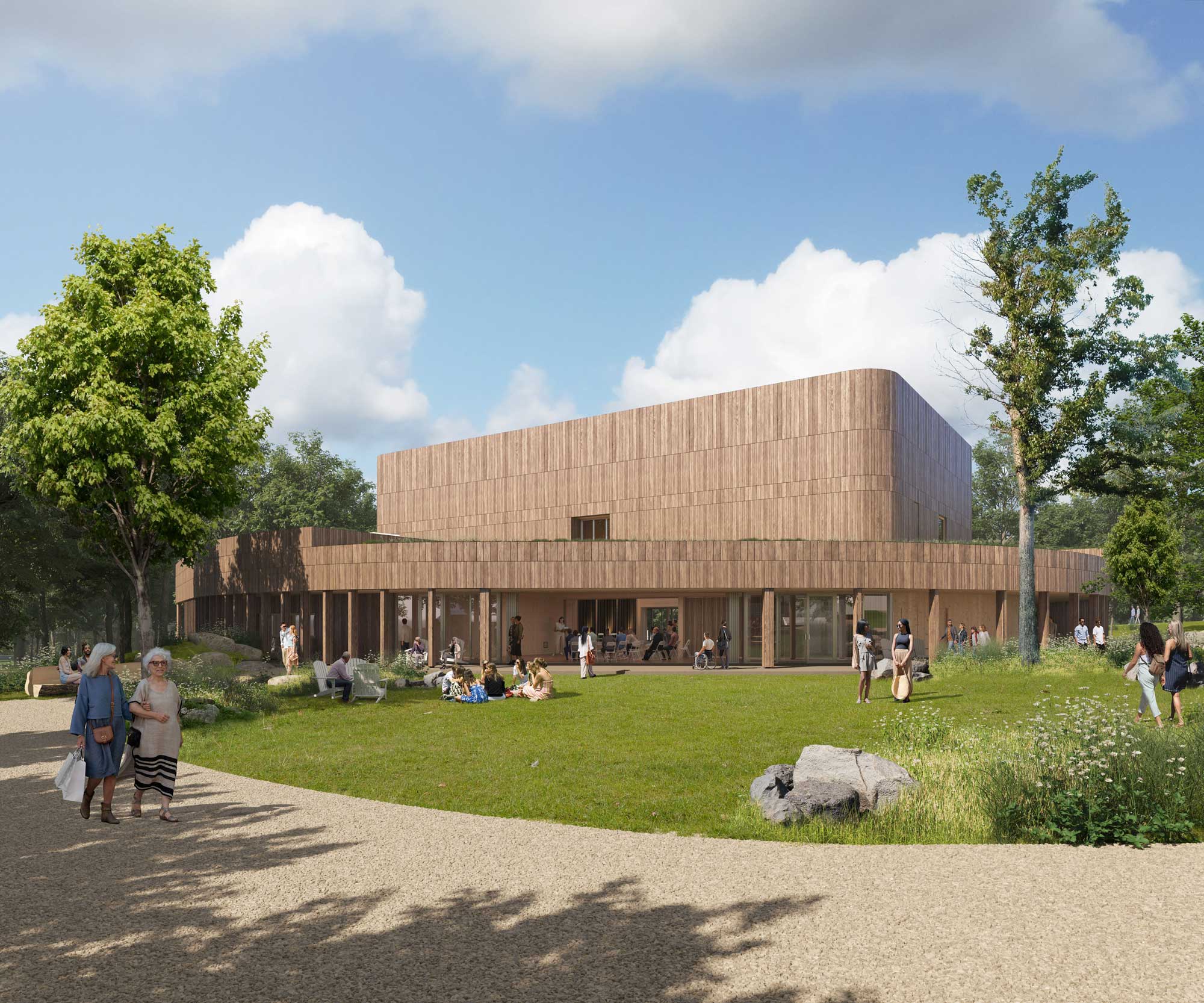 Exterior view of low, two-tiered building. Render courtesy of Mecanoo Architects and Marvel.