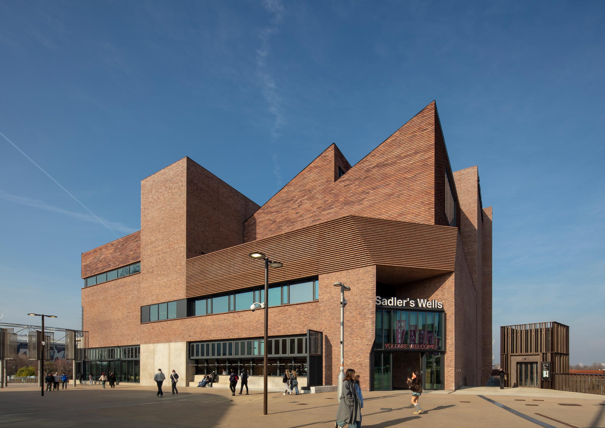 The brick exterior Sadler's Wells with jutting triangular roof. © Nick Kane