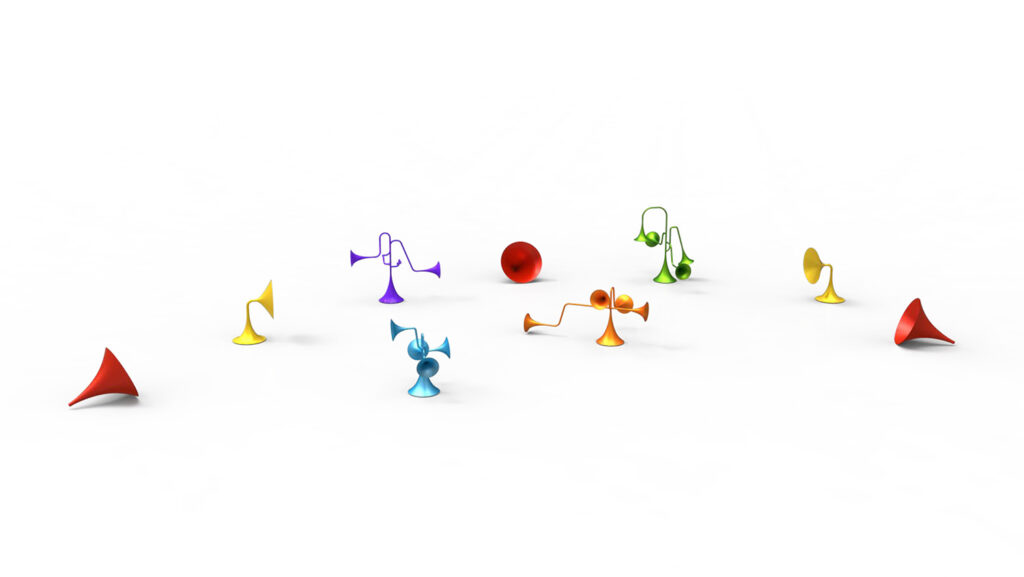 Digital image of several whimsical combinations of horn shapes in bright colors.
