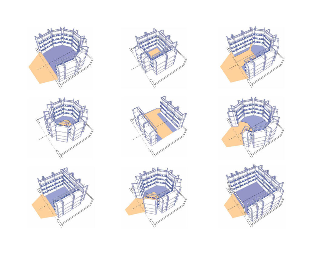 A diagram showing nine seating configurations in the same space.