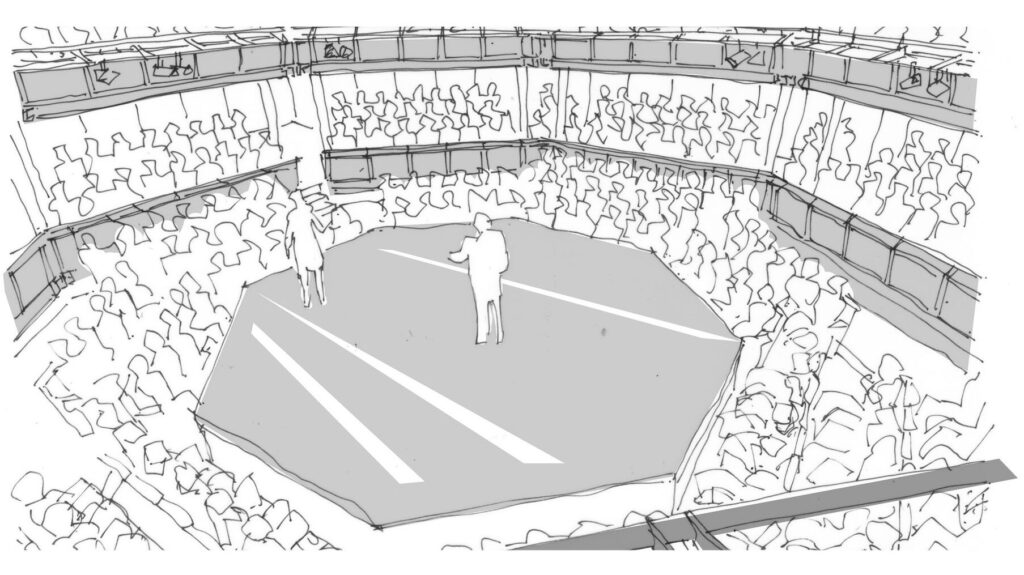 A sketch of an audience saving an octagonal stage
