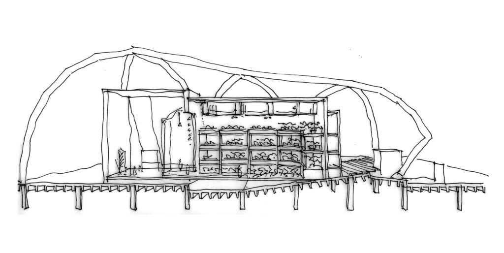 A sketch showing a cross section of the audience seating area within the larger building.