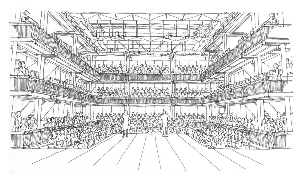 A more developed sketch showing people on stage with audience on three sides.