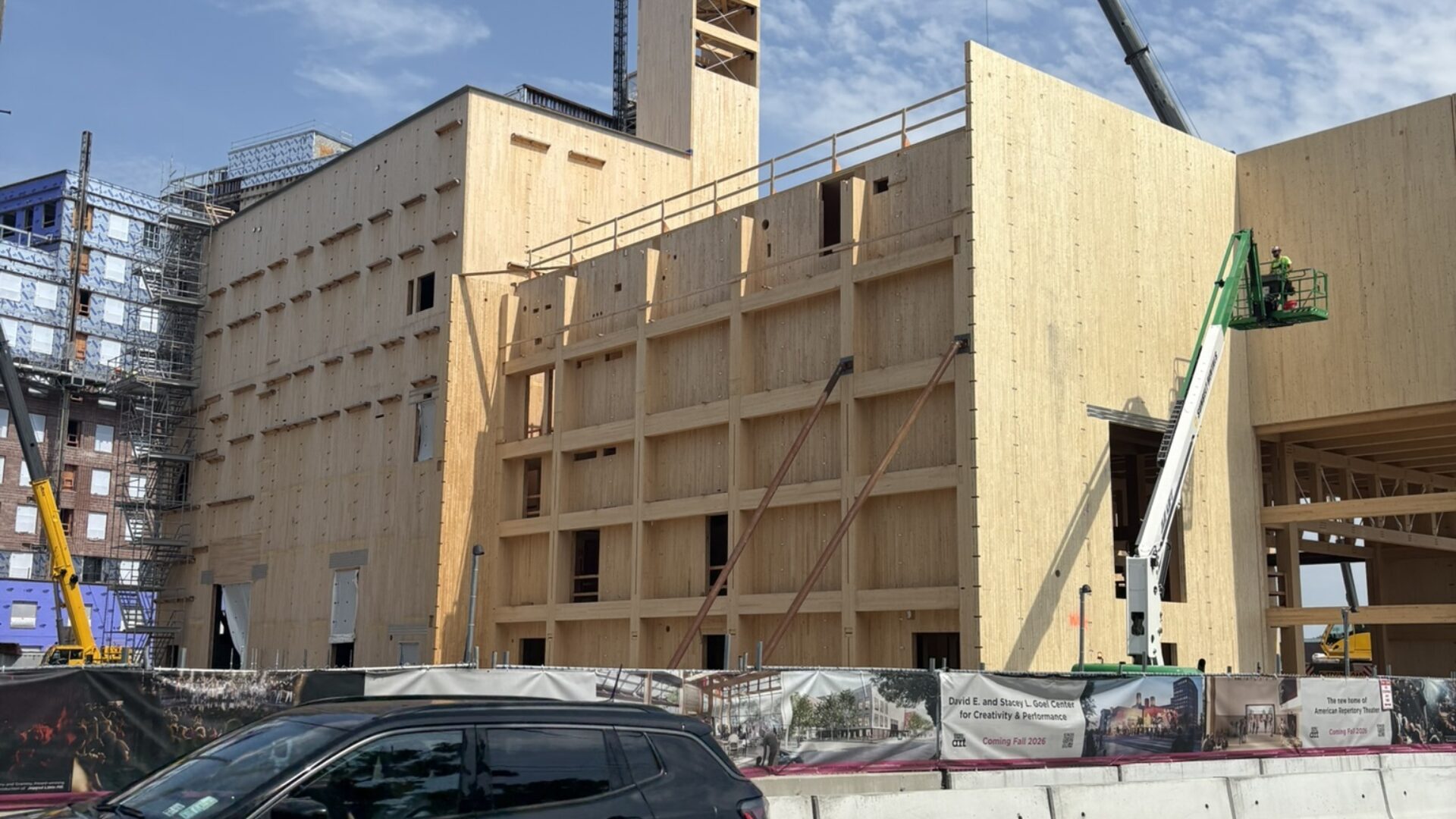 Multistory timber building under construction.