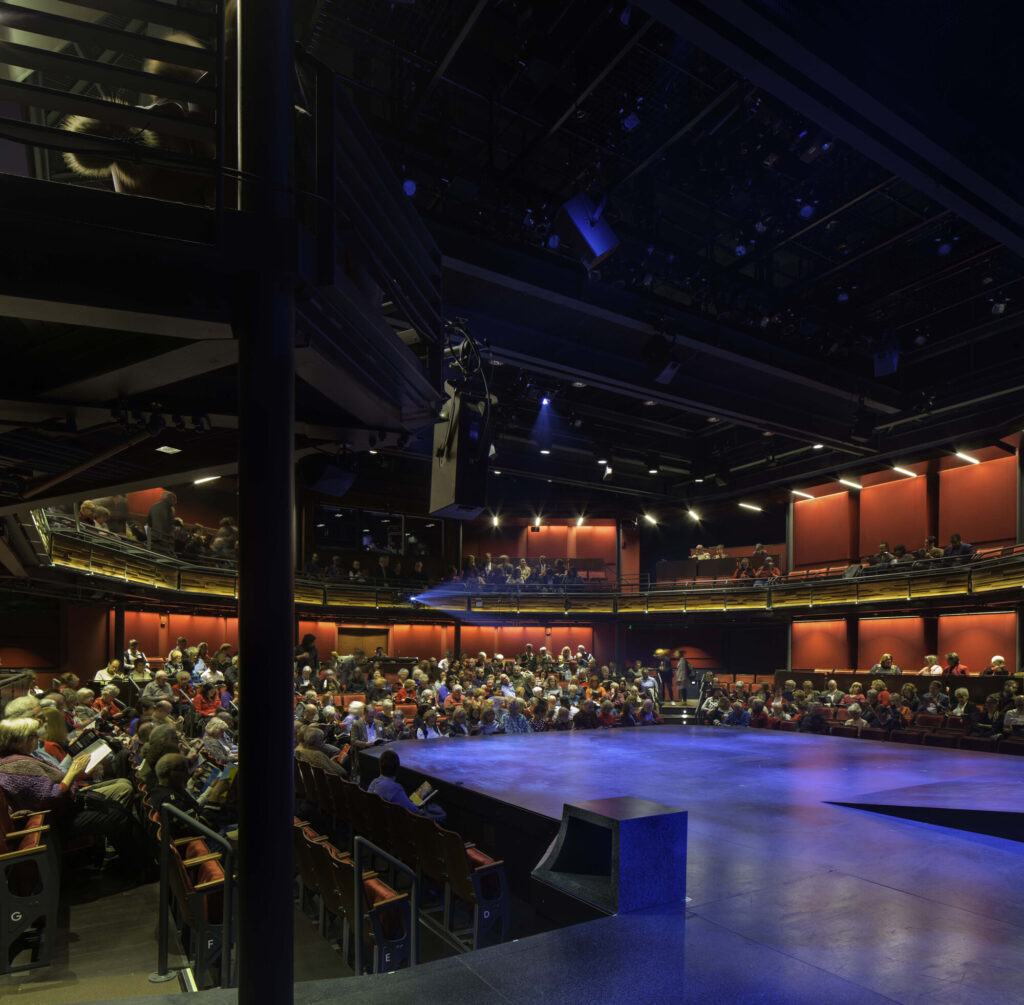 View of audience around the stage with a ramp at Baltimore Center Stage. Karl Connolly Photography.