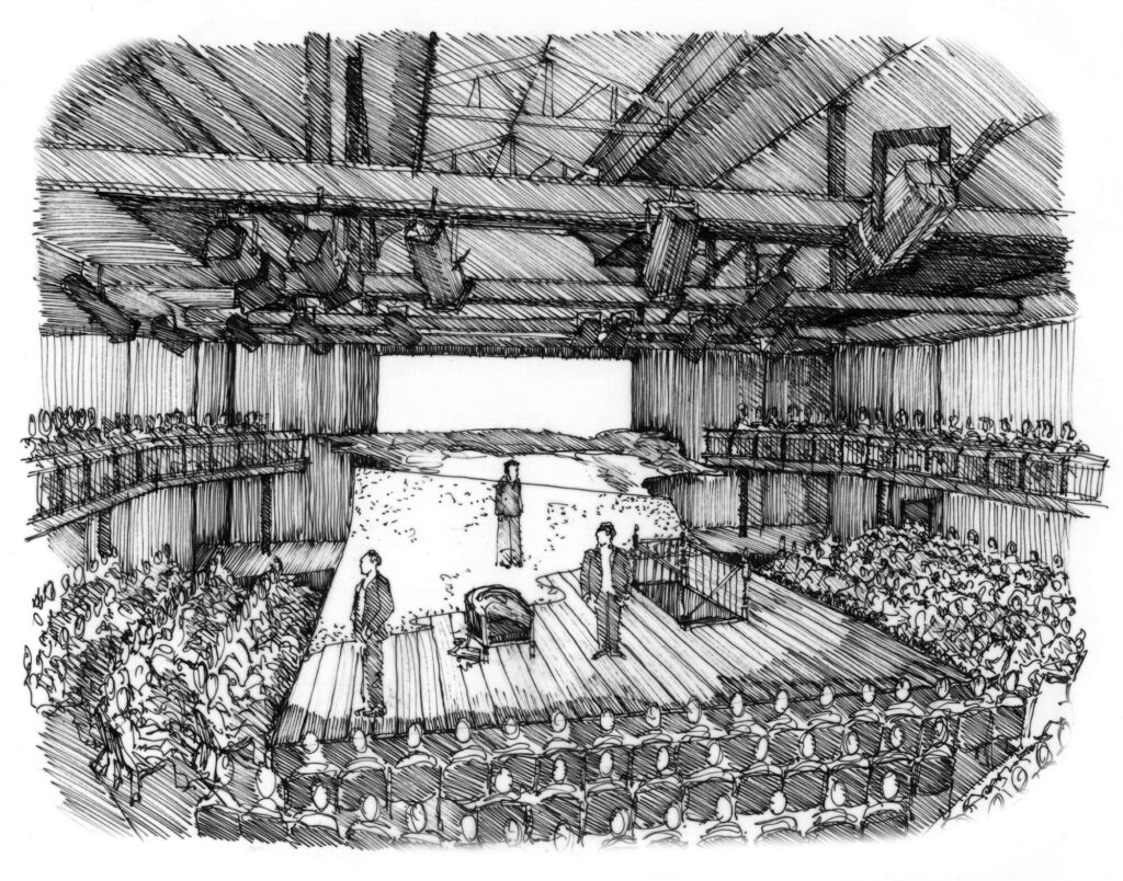 Ink sketch of audience surrounding the stage with technical equipment above.