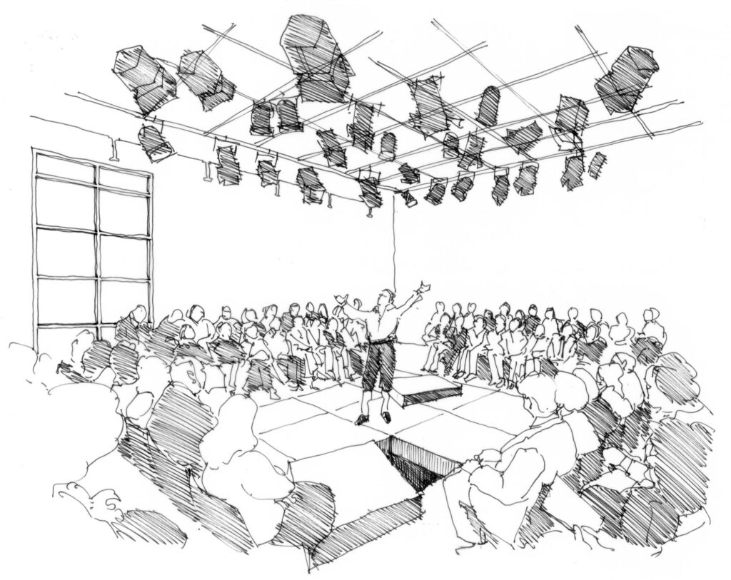 Ink sketch of a performer surrounded by audience in an intimate space. A gap in the stage leads below.