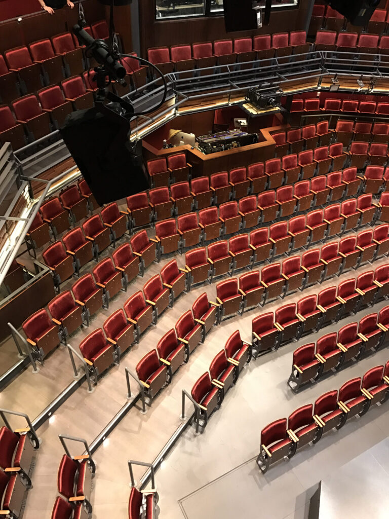 View of folded seating and sound booth, seen from above.