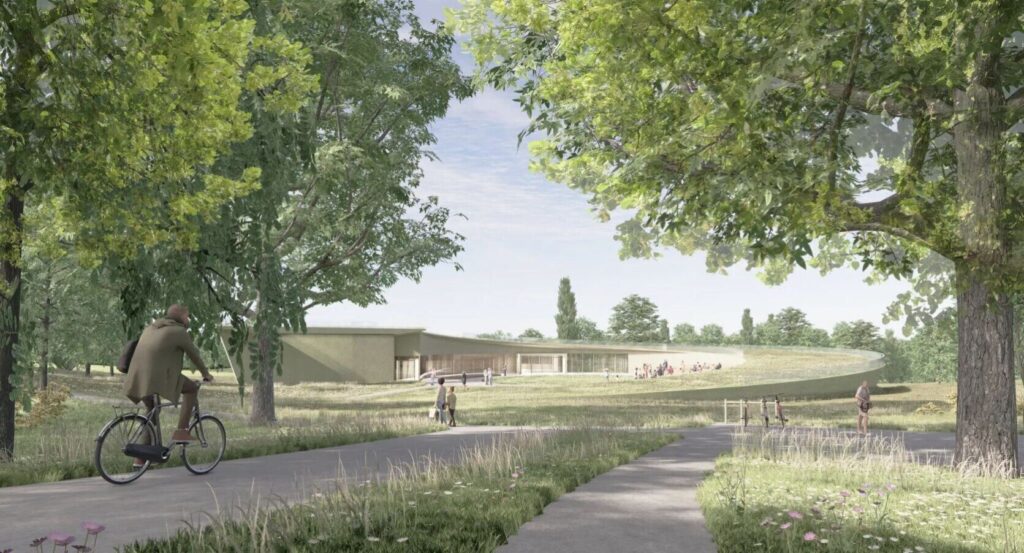 Render of a low building with ramp-like grass roof, emerging from a lawn. Render courtesy of Maya Lin Studio.