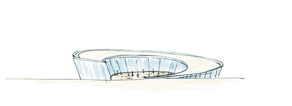 Sketch of a spiral shaped building with roof that slopes to meet the ground.