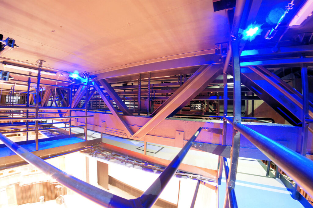 View of truss beam structures from the catwalk.