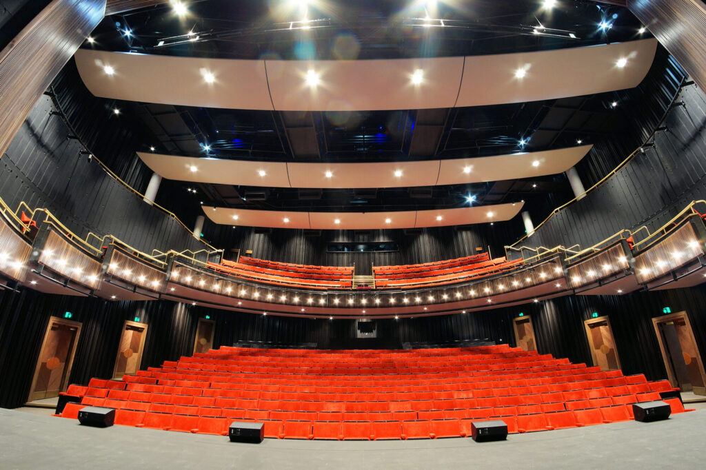 Fisheye photograph of seating area at Bloomsbury Theatre.