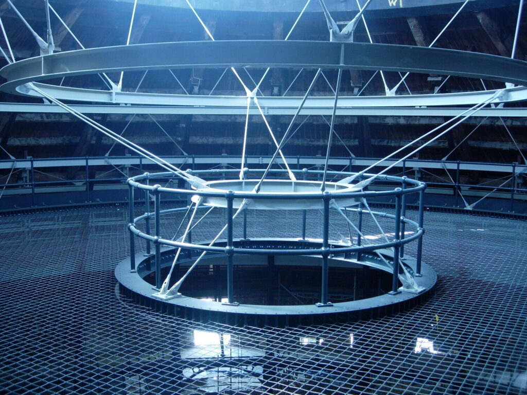 View of a circular catwalk structure with wire mesh floor.