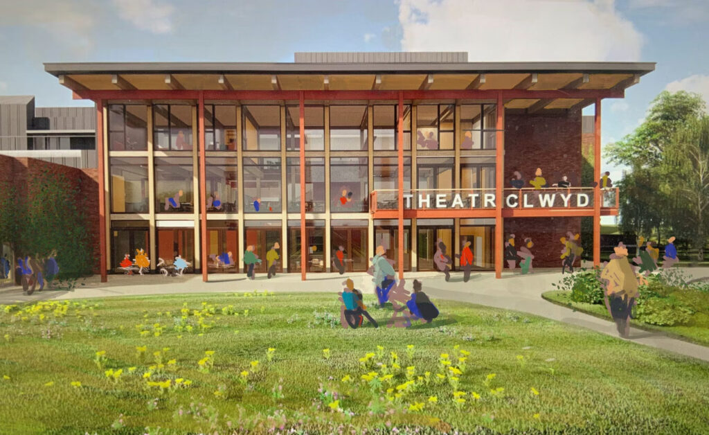 A rendering of the Theatr Clwyd exterior. Sketchy drawings represent people walking around the grounds.