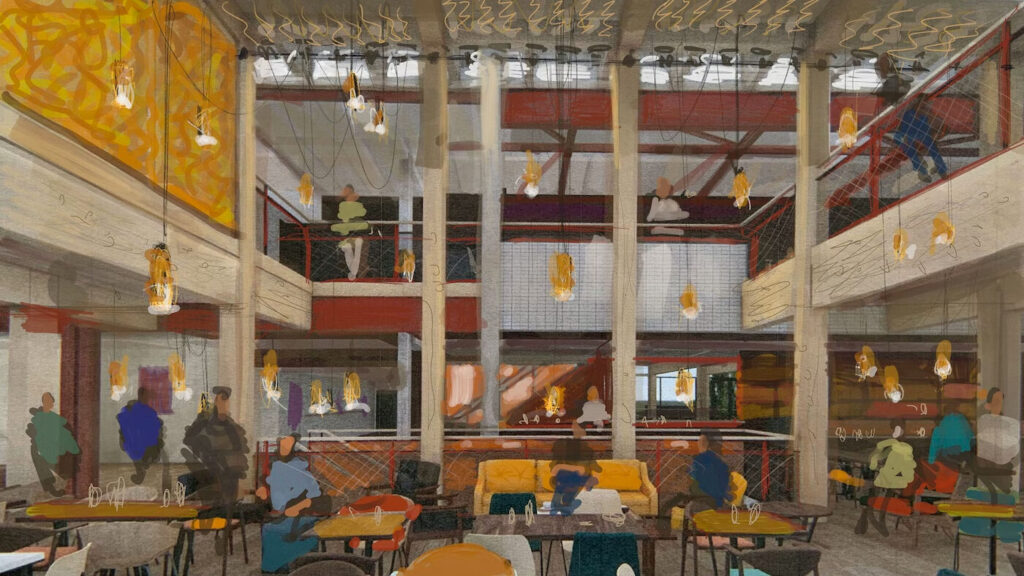 An impressionistic painting of the interior lobby with balcony, seating area and hanging lamps.