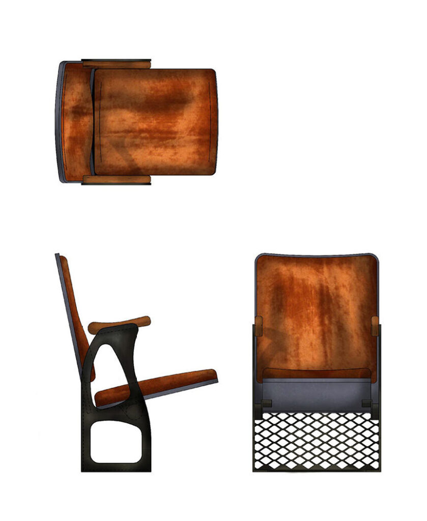 A drawing of the chair design with three views.