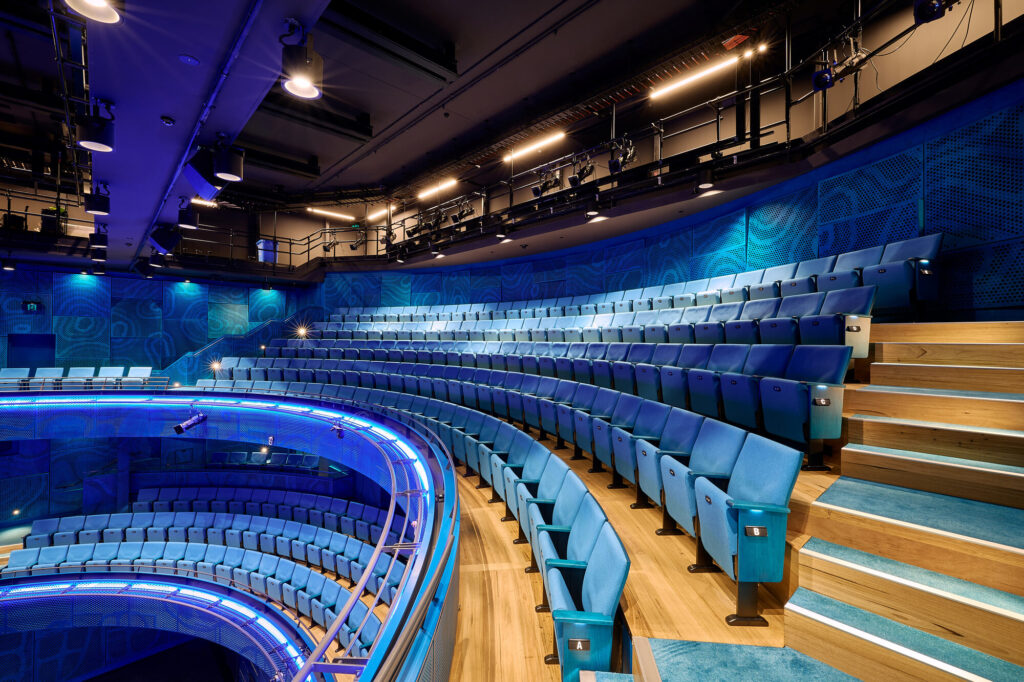 Blue seating at Geelong Arts Centre, The Story House. Image by Peter Foster.