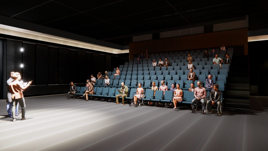 A render of audience seating in an intimate performance space. Render courtesy of Rockwell Group